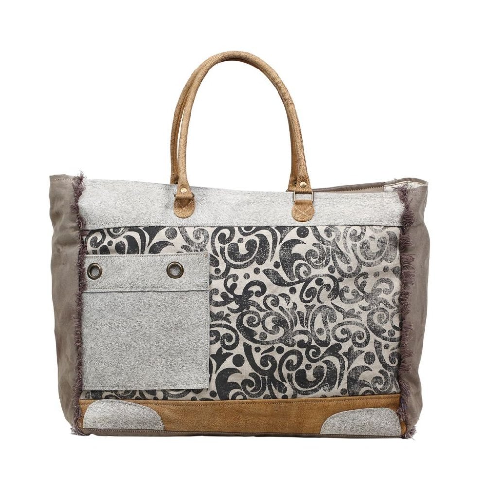 Myra Bag Handmade Hide Weekender Bag Upcycled Canvas & Cowhide Leather